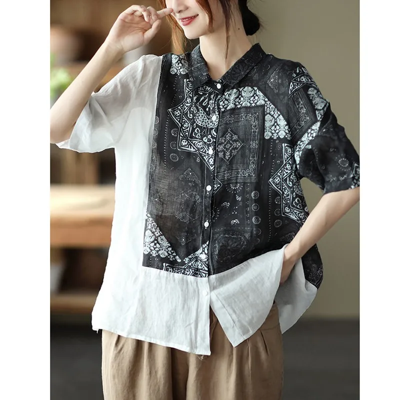 Zomer Nieuwe Kunst Stijl Vrouwen Halve Mouw Turn-Down Kraag Losse Shirt Patchwork Vintage Print Katoenen Linnen Casual Shirts C983