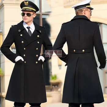 Men's Black Wool Greatcoat 4 Woolen General Coat Men's German Officer Autumn Winter Uniform Mid length Double breasted Black Wool Greatcoat Coat Tops 4