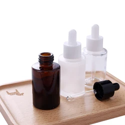 240pcs Amber clear frosted 1 oz 1oz 30 ml 30ml flat shoulder cylinder glass dropper bottle for serum essential oil frosted glass