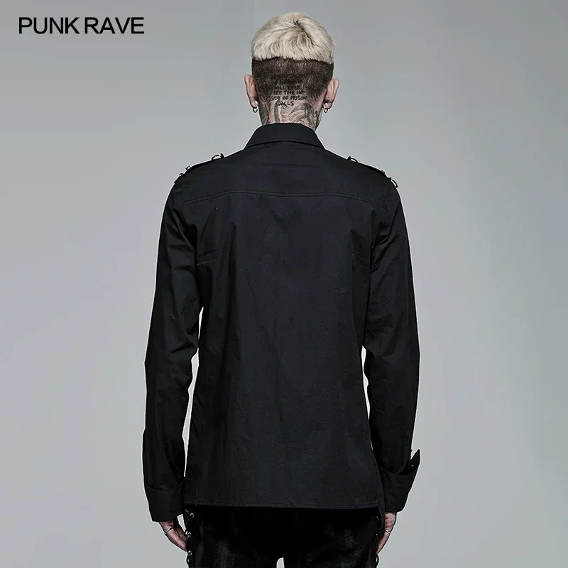 PUNK RAVE Men\'s Punk Personality Asymmetric Shirt Soft Slim Cool Men Clothing Four Seasons Casual Black Shirts