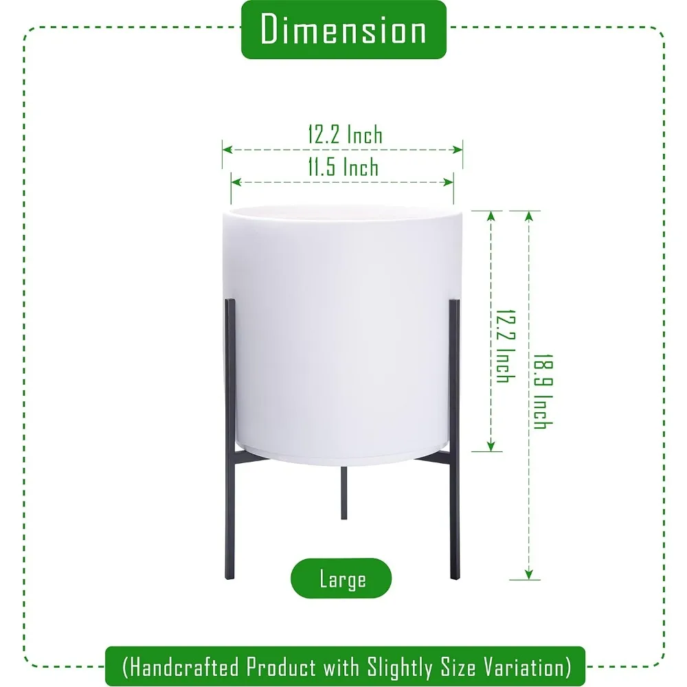 Modern White Plants Pot Cylinder Planter with Heavy Duty Stand, 18.9 Inch with Stand Height, 96-T-1-L, Large 12 Inch Pot