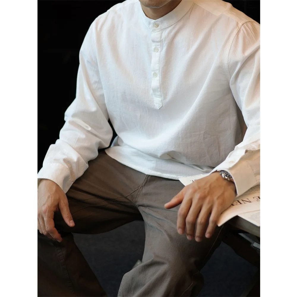 

New Chinese Style Men's Long Sleeve Casual Shirt Stand Collar All-Match Trendy Autumn Top Comfortable Breathable Cotton Linen