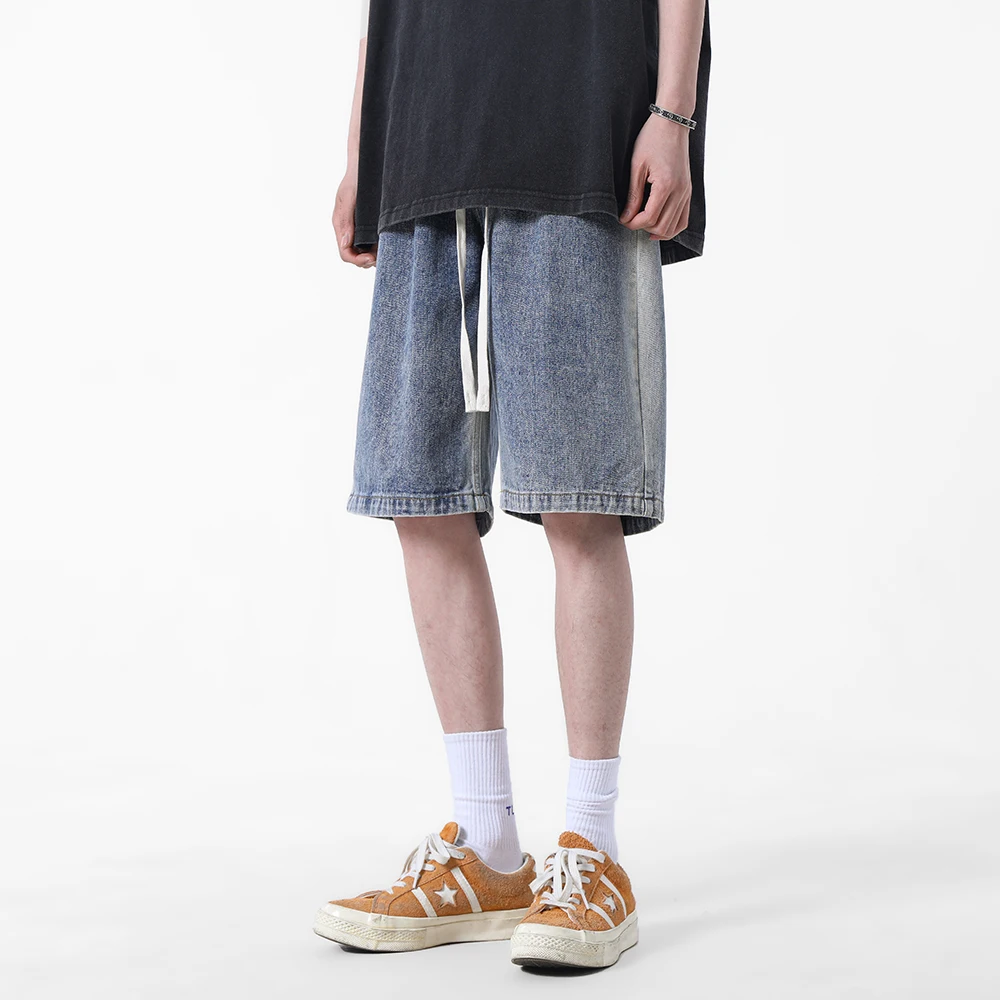 

Retro Straight Leg Men's orts Summer High Street Jeans Loose Fit Casual Wear Resistant Bleach Waed mid Waist Youth Sle