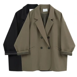 Blazer surdimensionné imbibé coréen pour femmes, manteau noir chic, streetwear décontracté, vestes adt, vêtements solides pour femmes, étudiant, nouveau