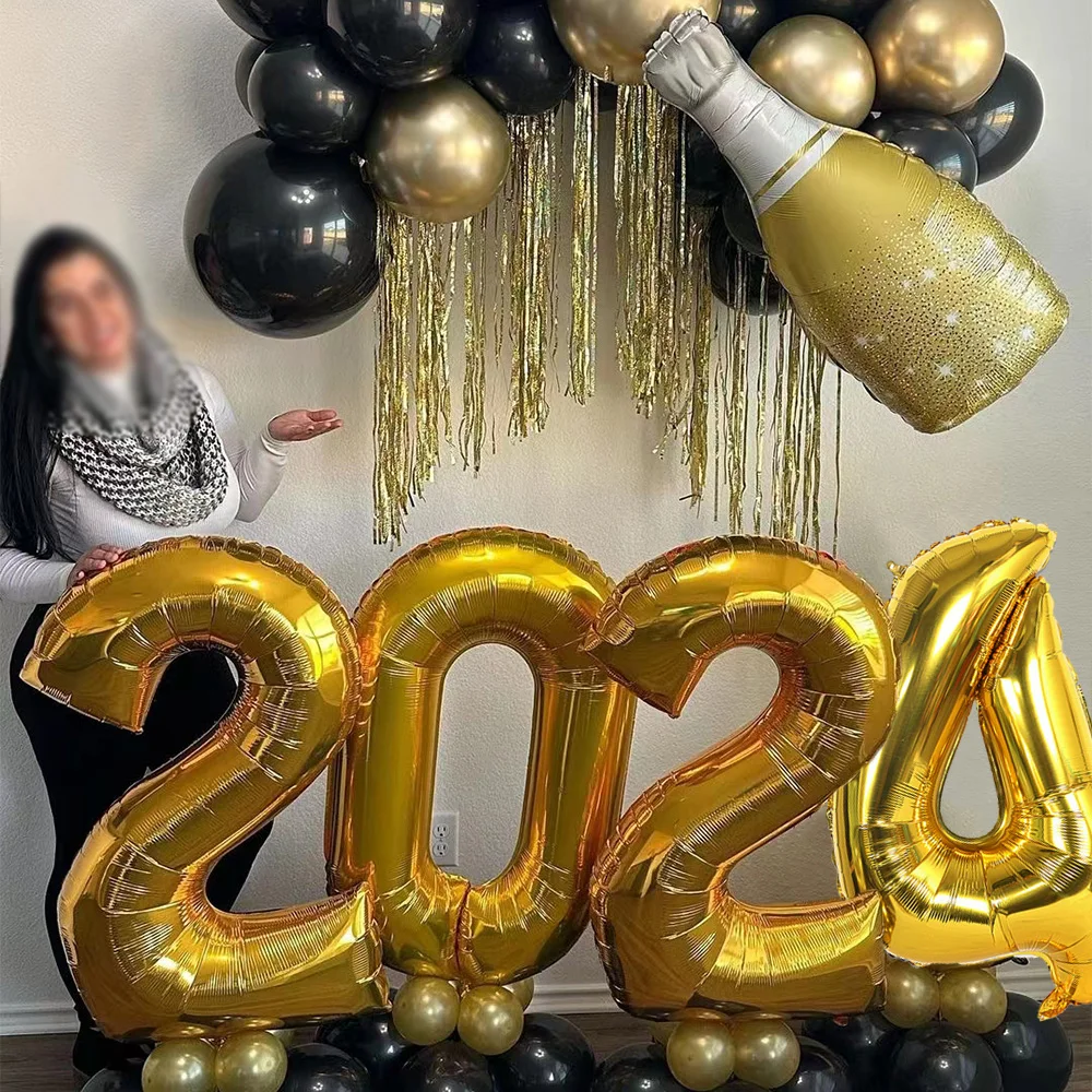 2024 Happy New Year Foil Balloons Digit 2024 Wine Bottle Air Helium Balls Christmas Navidad Gift New Year Eve Party Decor Globos