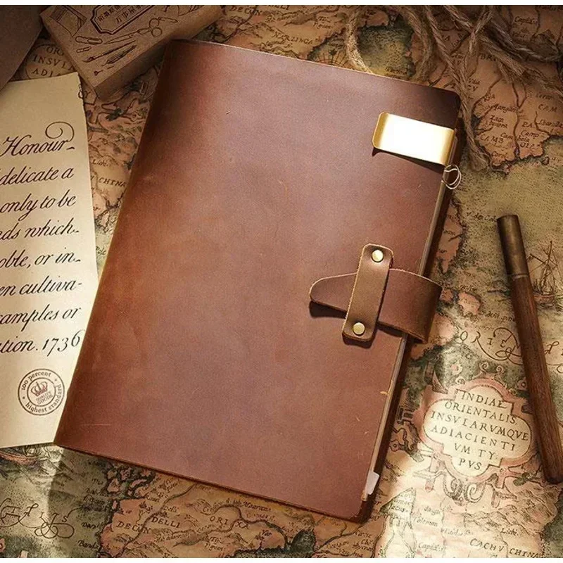 New High Quality Retro Genuine Leather Rings Notebook A5 Spiral Diary Brass Binder Journal Sketchbook Agenda Planner Stationery