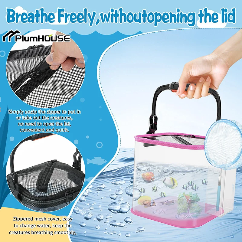 1Pcs Catch And Release Plastic Beach Aquarium With Side Pockets ,Upgraded Side Pockets Design