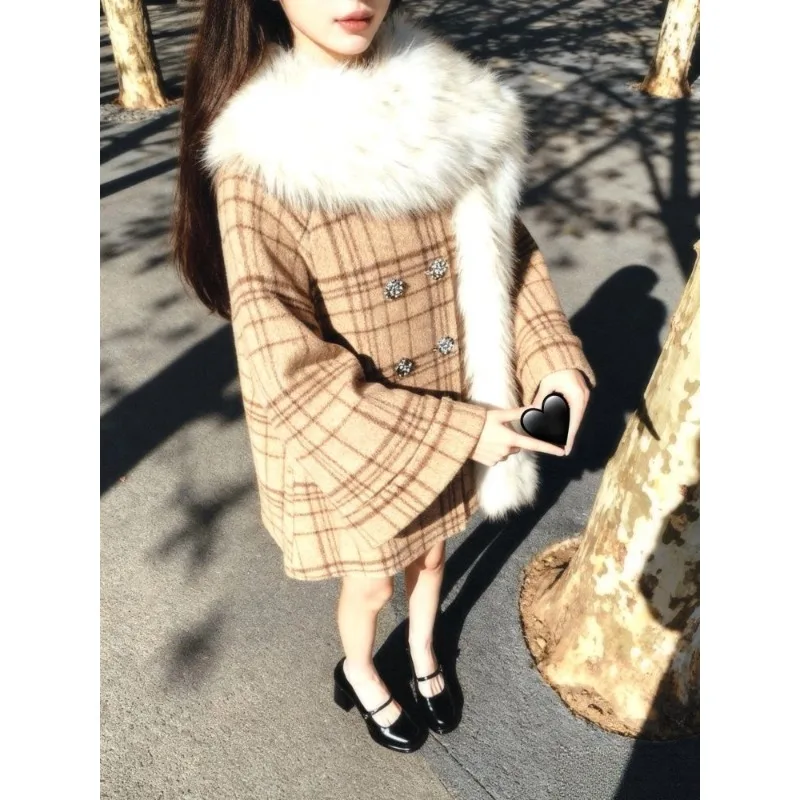 

Корейская накидка с шарфом и воротником для девочек, шерстяное пальто, осеннее и зимнее маленькое среднее и длинное шерстяное пальто