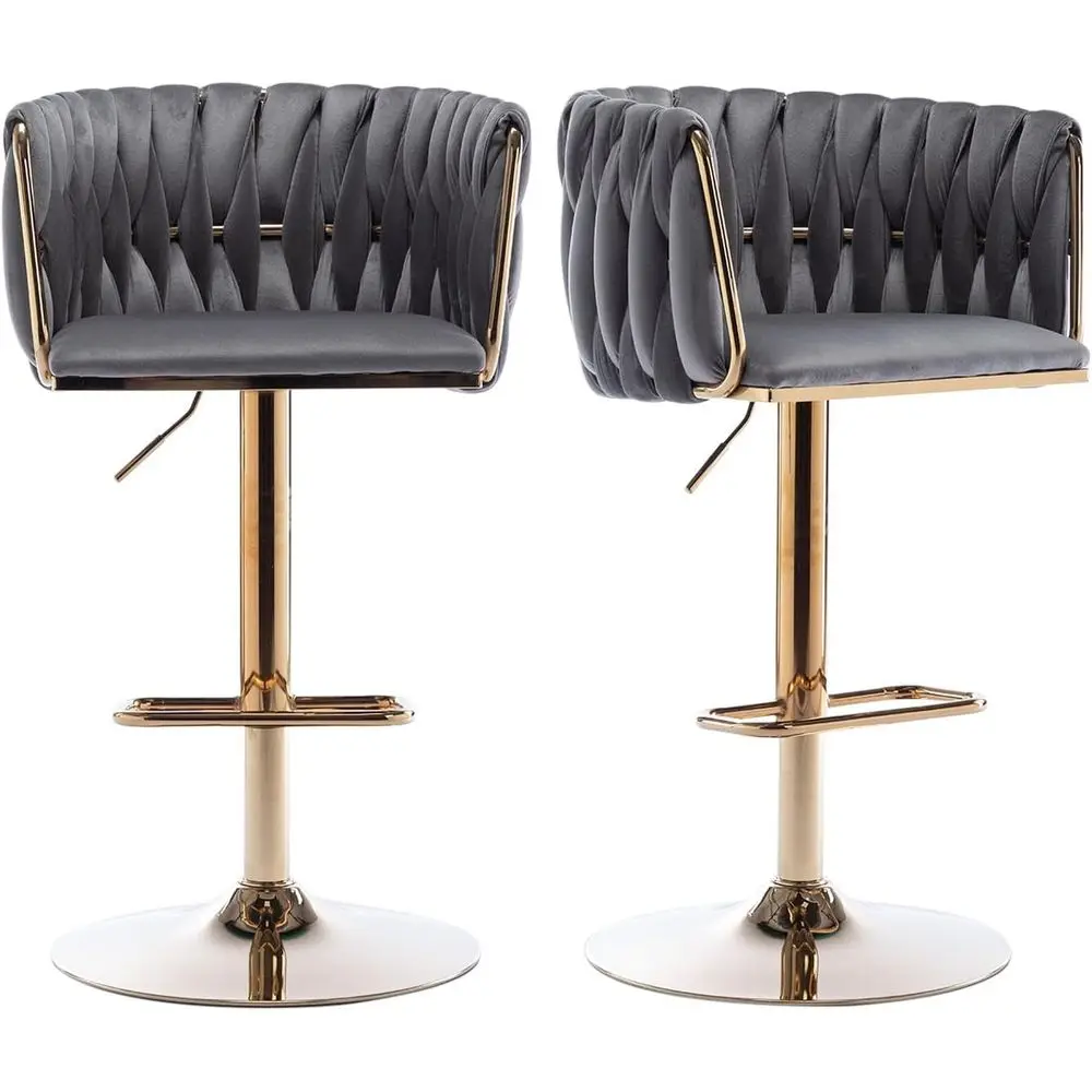 

Set of 2 Grey Velvet Swivel Counter Height Bar Stools with Woven Back for Kitchen Island or Pub Counter