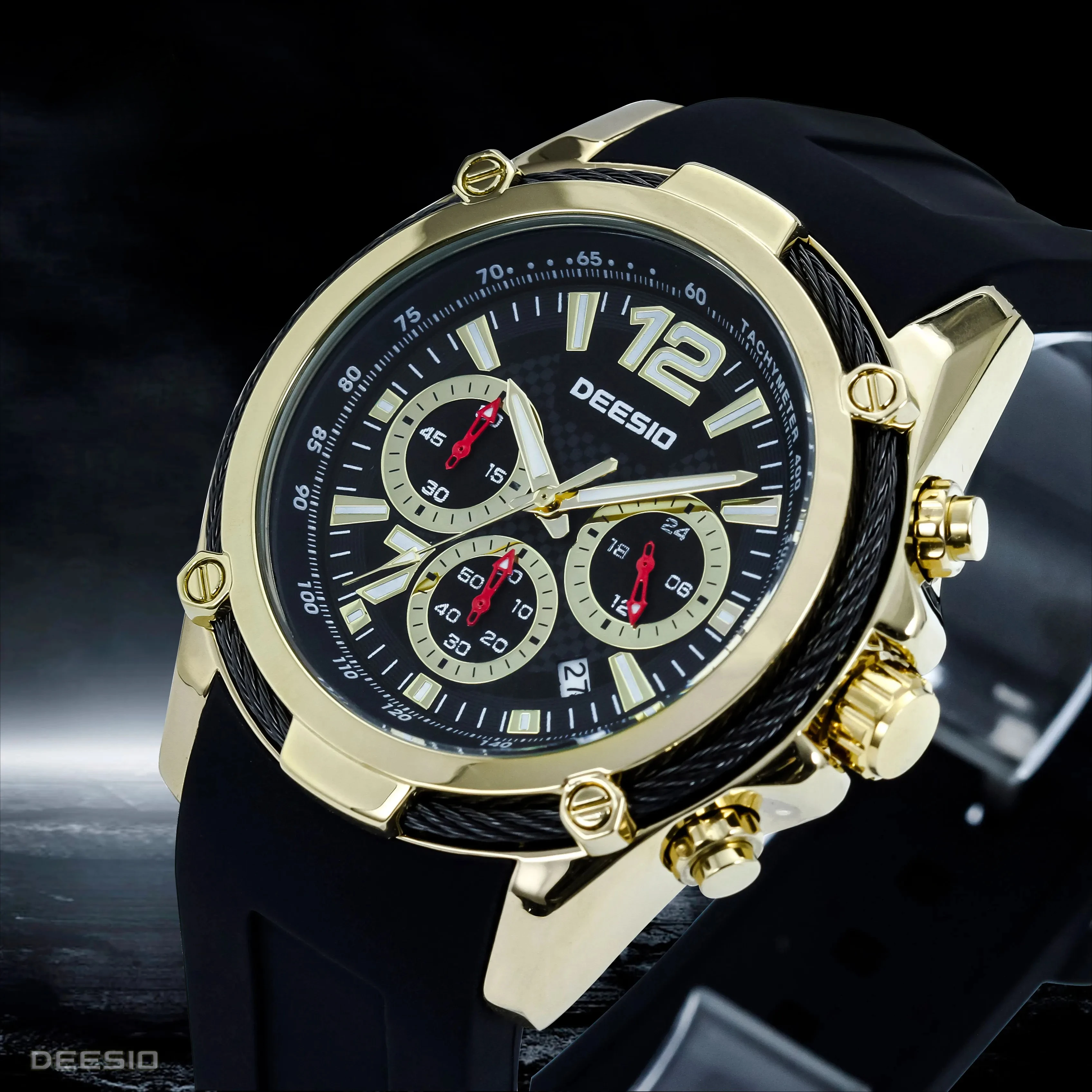 Deesio Men's Luxury Quartz Watch - 41mm Black Gold Dial, Japan Movement, 50M Waterproof, 316L Stainless Steel Band Gift Box