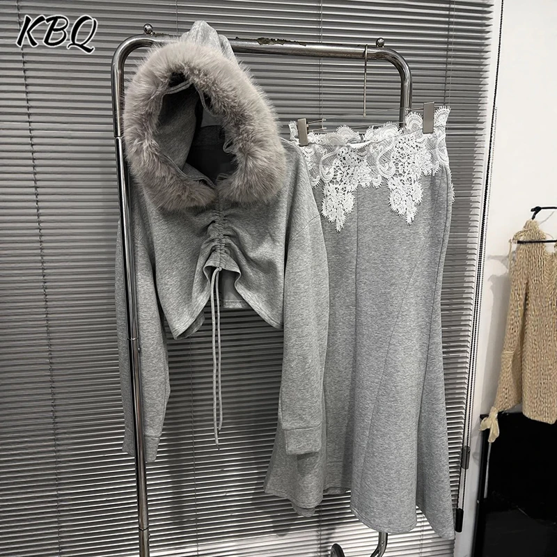 

KBQ Solid Two Piece Sets for Women Hooded Collar Long Sleeve Folds Coats High Wiast Lace Skirts Chic Set Female Fashion Autumn