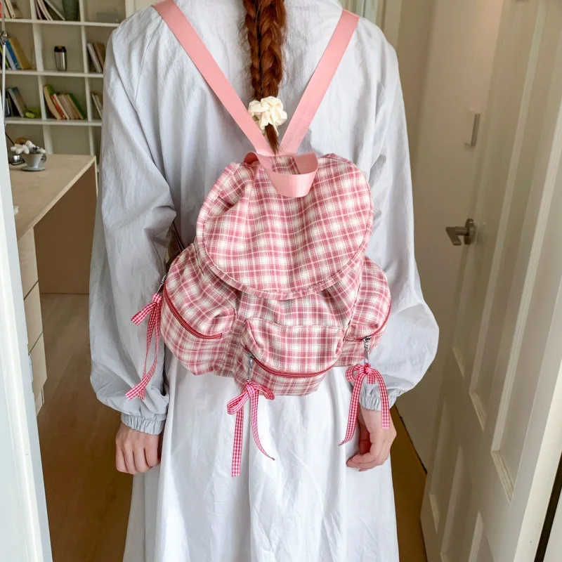 

Women Sweet Pink Backpack Lightweight Soft Girls Cute Plaid School Bags for Students Small Korean Fashion Backpacks Travel Bag