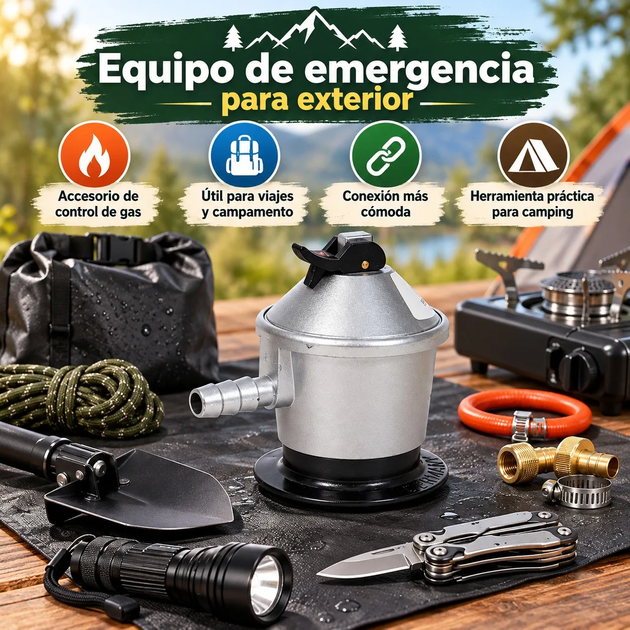 Regulador de Gas Butano de 30 mbar para Camping y Exterior, Cuerpo de Aluminio Resistente, Conector de 10.00 x 7.50 cm para Estufas Portátiles, Barbacoas y Cocinas de Autocaravana