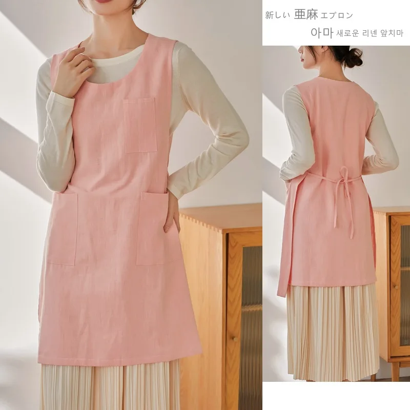 Round Neck Linen Apron Two Side Straps and Anti Fouling Work Clothes Suitable for Preschool Teachers and Caregivers
