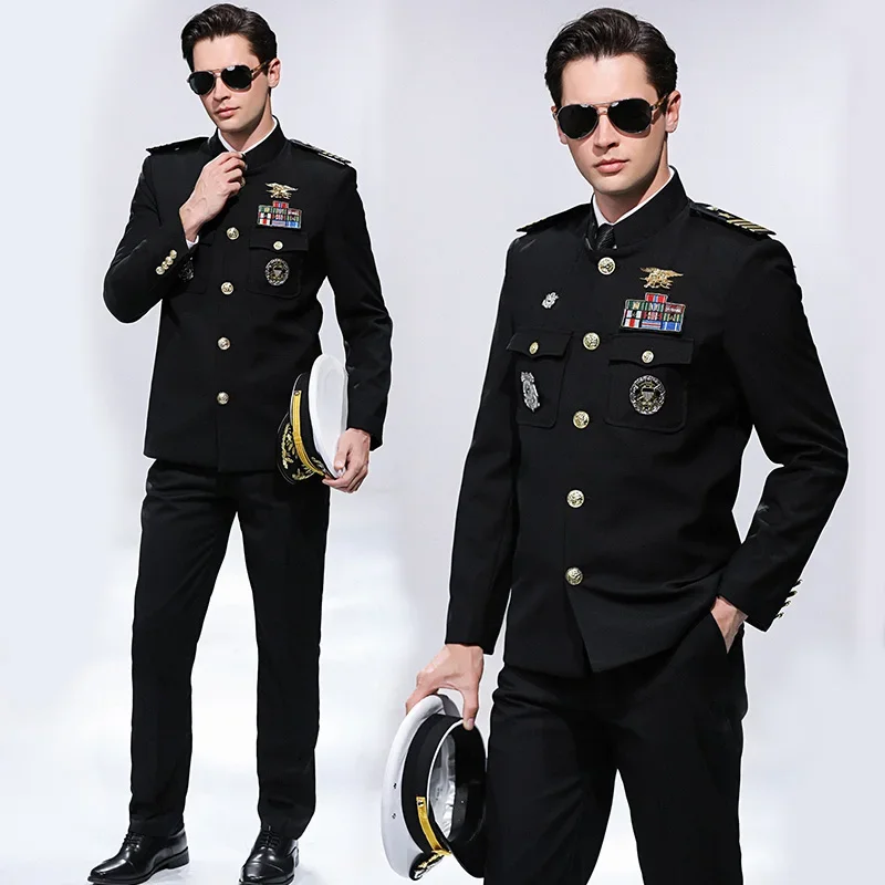 

US Navy Uniforms Admiral Captain American Army Costume Mandarin Collar Jacket Pants Badges Accessories Sailor Officer Suits