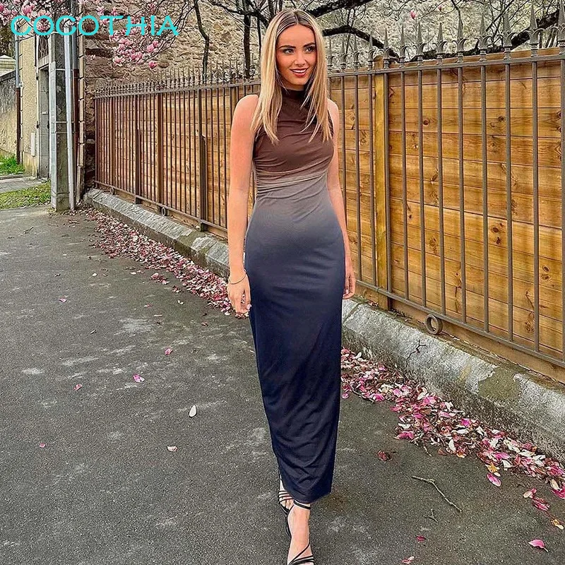 

COCOTHIA-Women's Tie-Dye Gradient Color Mesh Dress, Round Neck, Sleeveless, Long Hip Dress, Lady Fashion, Evening Party