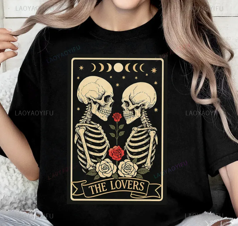 

Skeleton The Lovers Halloween Shirt Tarot Card Gothic Moon Phases Rose Tee Hipster Hot Sale Short-sleev Black Unisex Modal Shirt