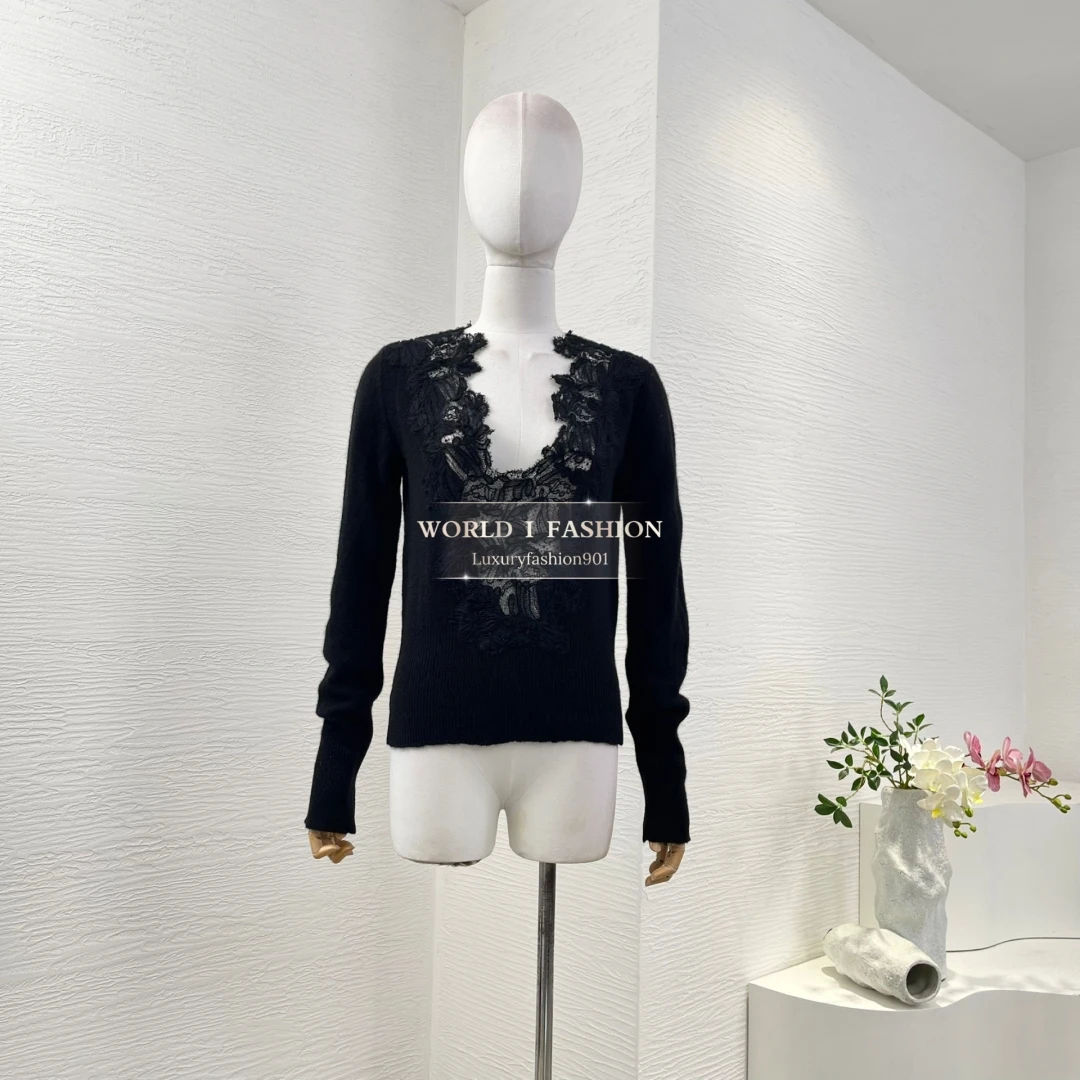 

2025 Fashion Black Lace Patchwork V Neck Women's Pullover Blouse Tops