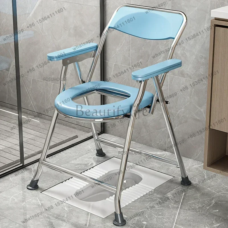 Stainless Steel Folding Toilet Chair for Elderly Pregnant Women Disabled Patient Squatty Potty Chair with Armrest Bathroom Chair