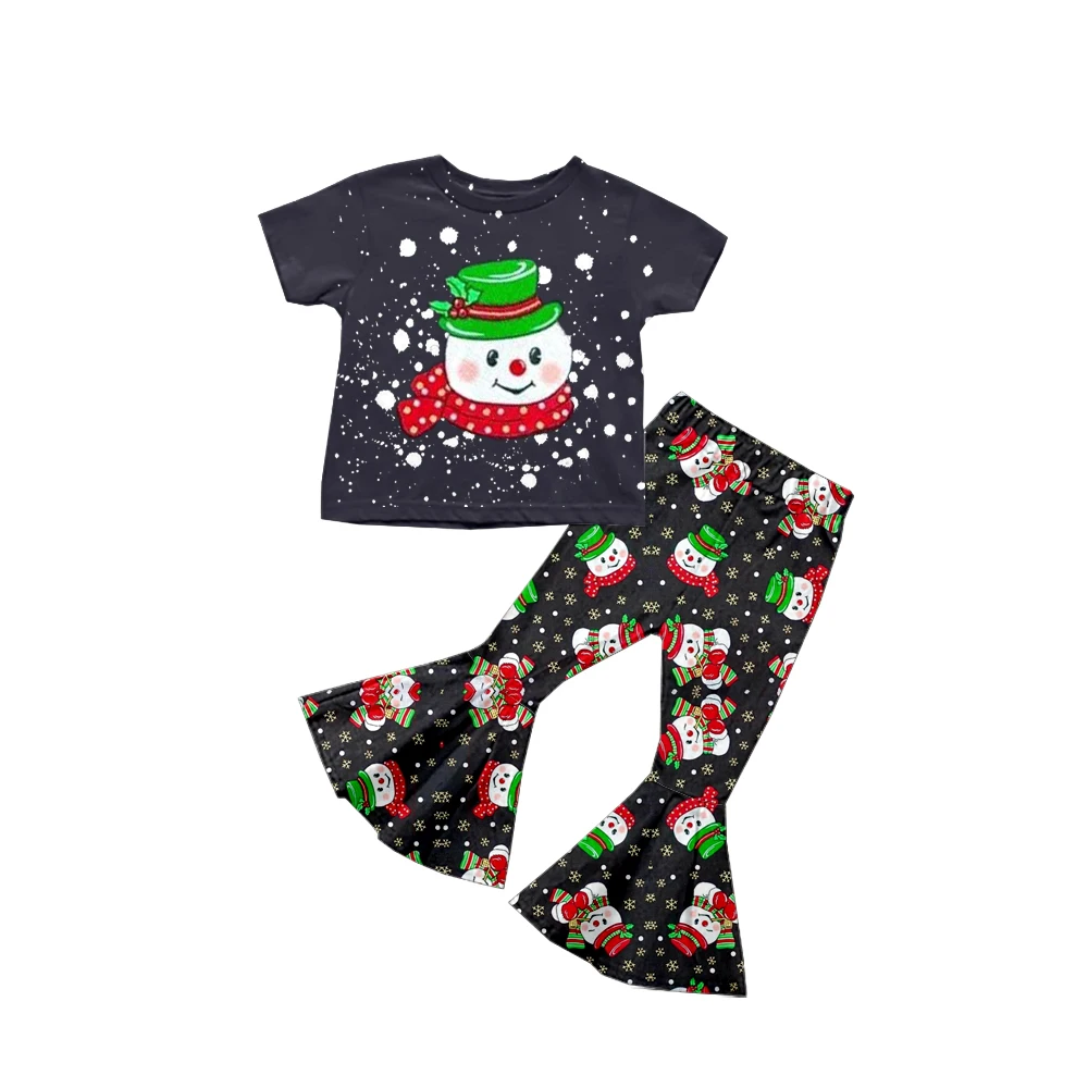 

New design Christmas style girl dress milk silk fabric cute snowman pattern short sleeve flared pants 2 piece set