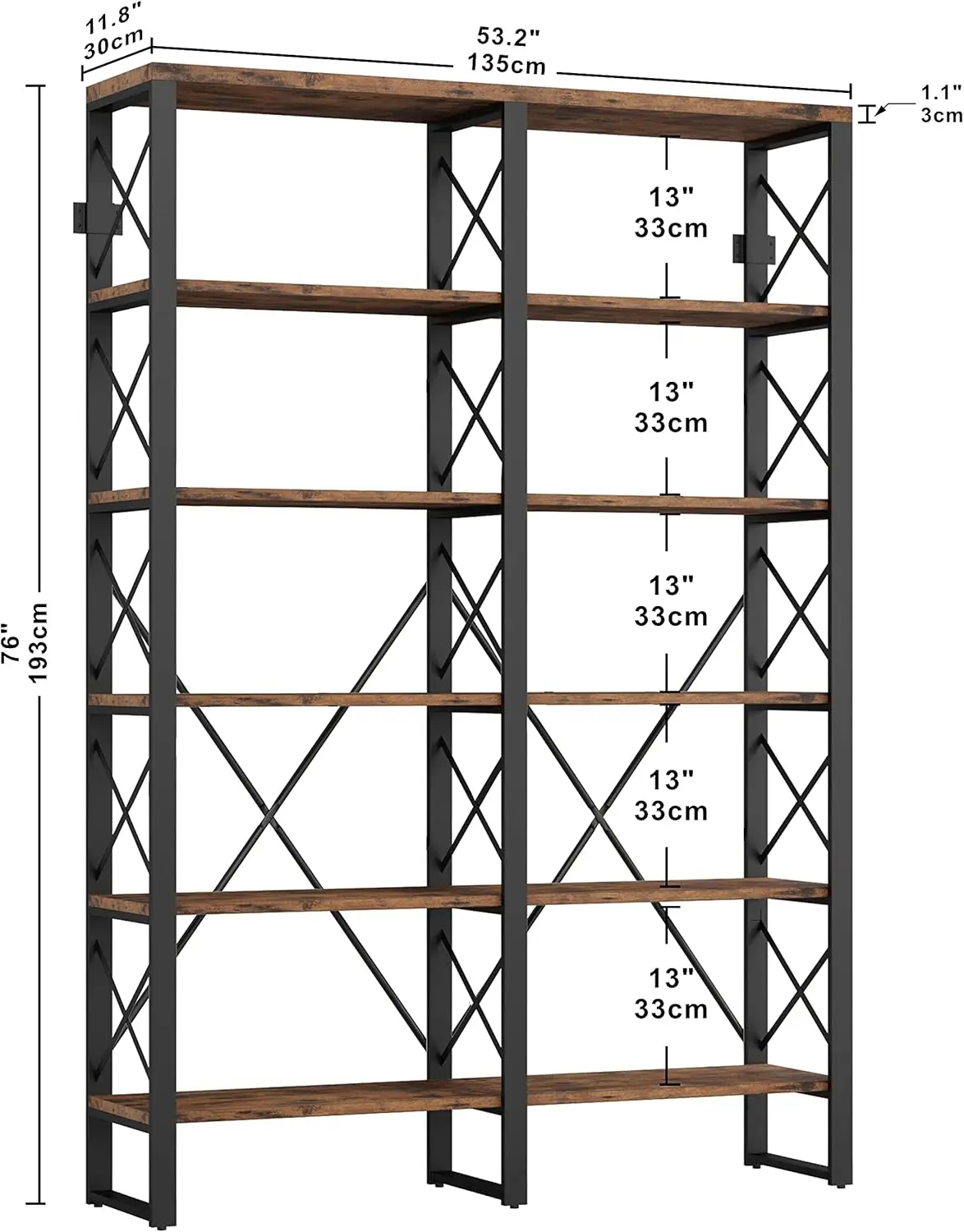 Estante dupla larga de 6 camadas de 76" H, estante grande aberta, prateleiras de estilo industrial, estantes de madeira e metal para escritório doméstico