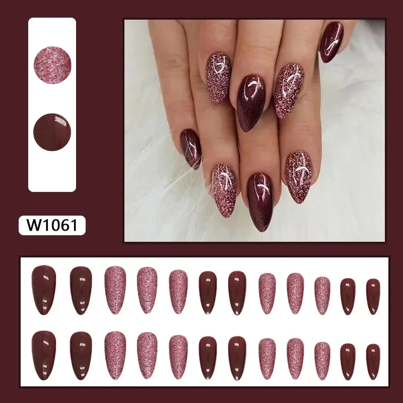 24 Pcs Medium Acyrlic Press on Nails Girls Ready-made Artificial Stick-on Nails Red Glitter Almonds Fake Nails with Glue Winter