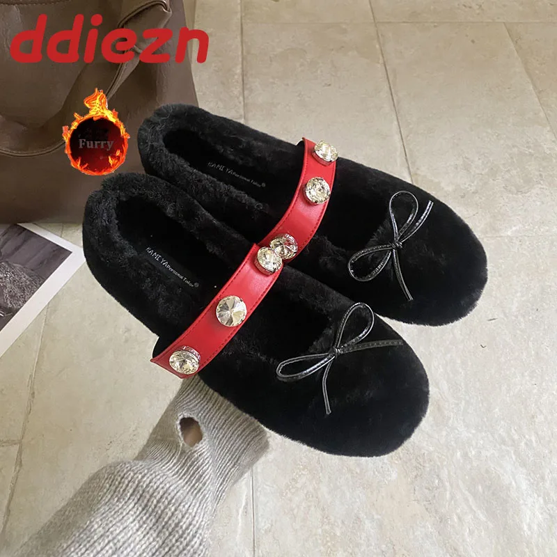 

Женская обувь с пряжкой и ремешком, женская обувь на плоской подошве, меховая обувь со стразами, модная женская теплая обувь Мэри Джейн на плоской подошве с узлом-бабочкой