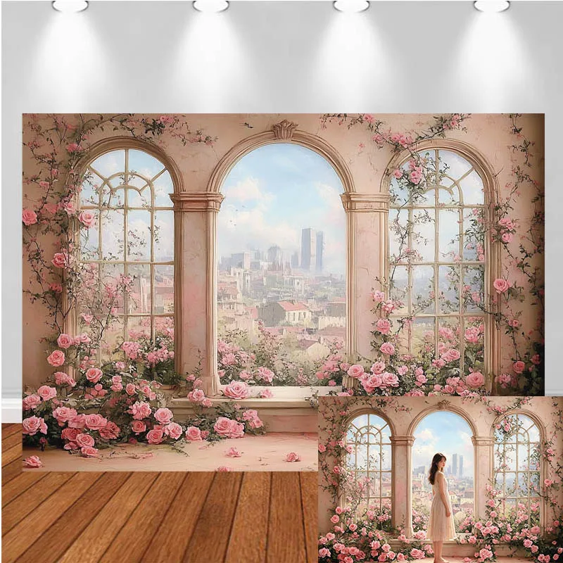 LS Photography Backdrop Pink Arch Flower City Scene Decor Birthday Wedding Cake Smash Adults Portrait Photo Background Studio