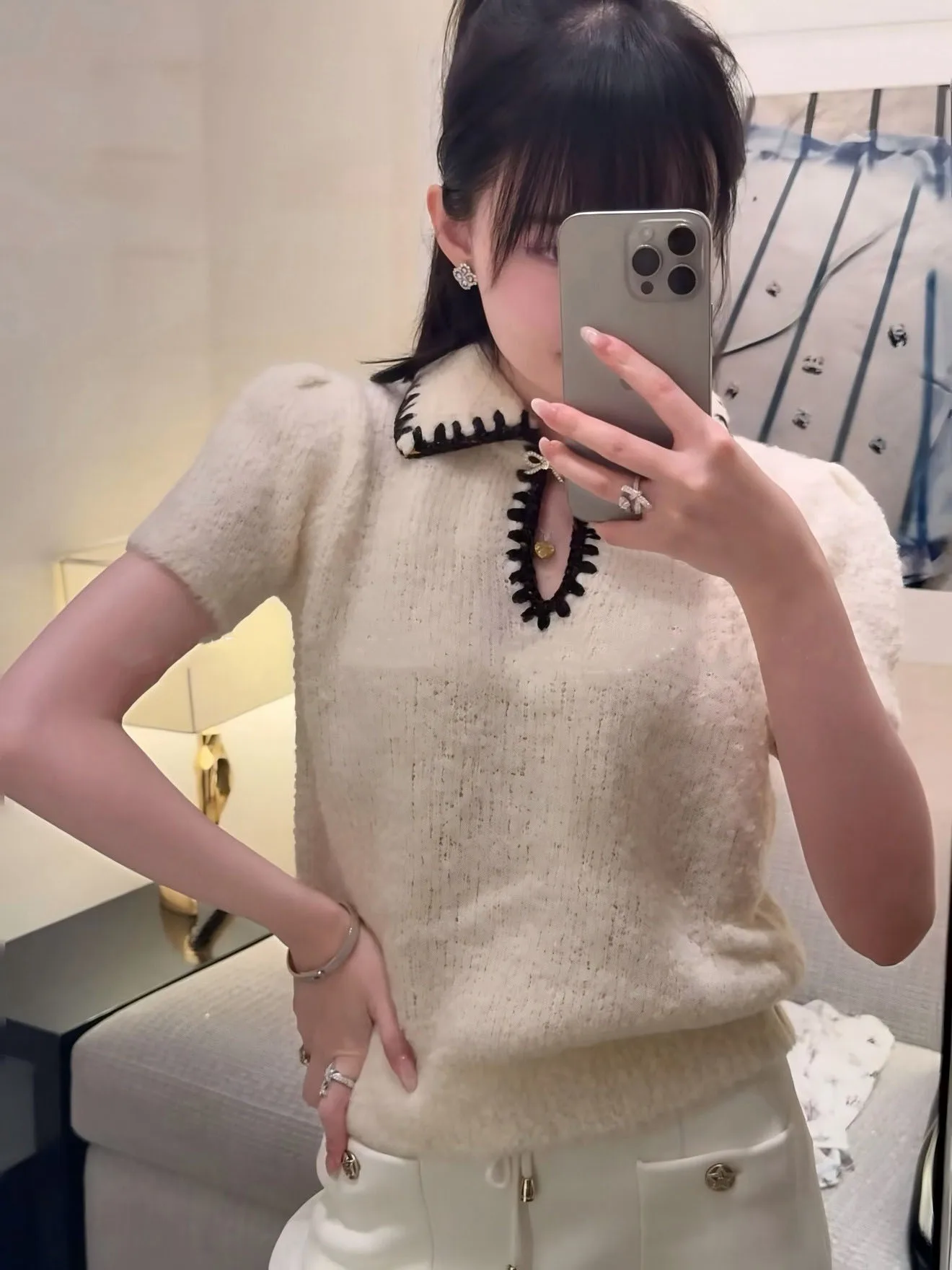 

Spring Summer White Knitted Sweater Women's ort Sve Turn-down Collar Knot Commute Top Soft Comfortable Knitwear