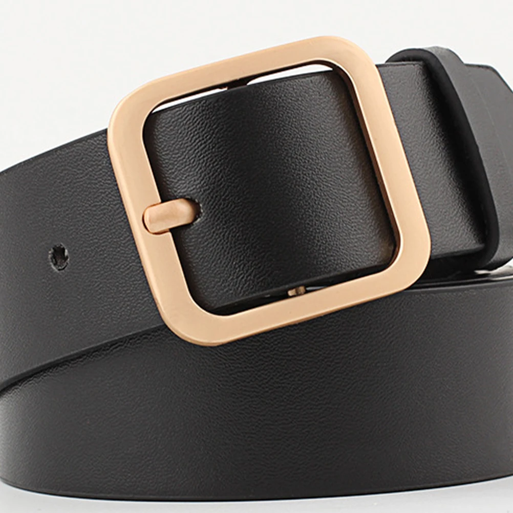 

1pc Women Belt Adjustable Square Buckle Casual Chic Fashion Accessory Gift For Ladies Black Gold 110Cm 3.3Cm Width