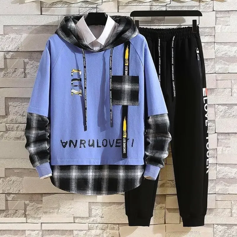 Sports Suits Jogging Male T Shirt Alphabet Pants Sets Hooded Clothes for Men Plaid Top Stylish Tracksuit Original Brands Cool S