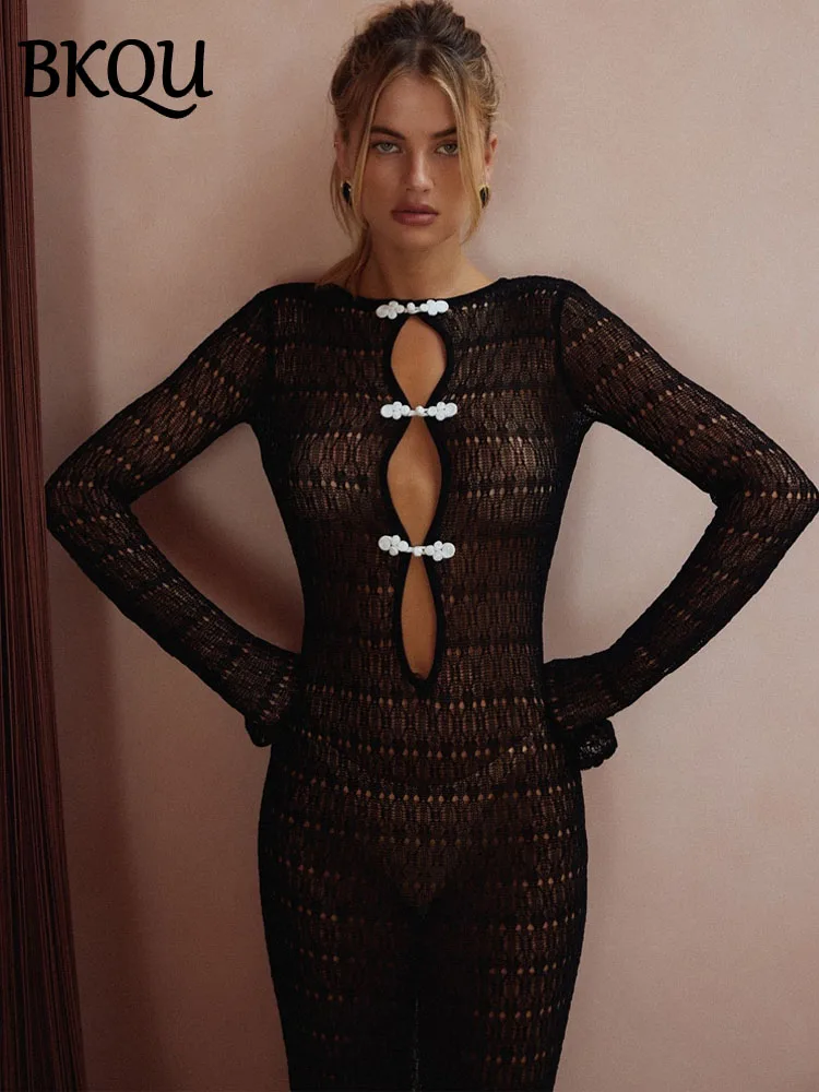 BKQU Hollow Out Knitted Maxi Dress Women Sexy Backless Lace Up Slit Evening Gown See Through Elegant Party Cover Up Long Dresses