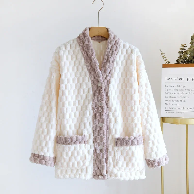 2025 Autunno/Inverno Pigiama da donna Top monopezzo Flanella Addensata Caldo pile di corallo Cardigan a maniche lunghe Pelliccia per la casa Donna