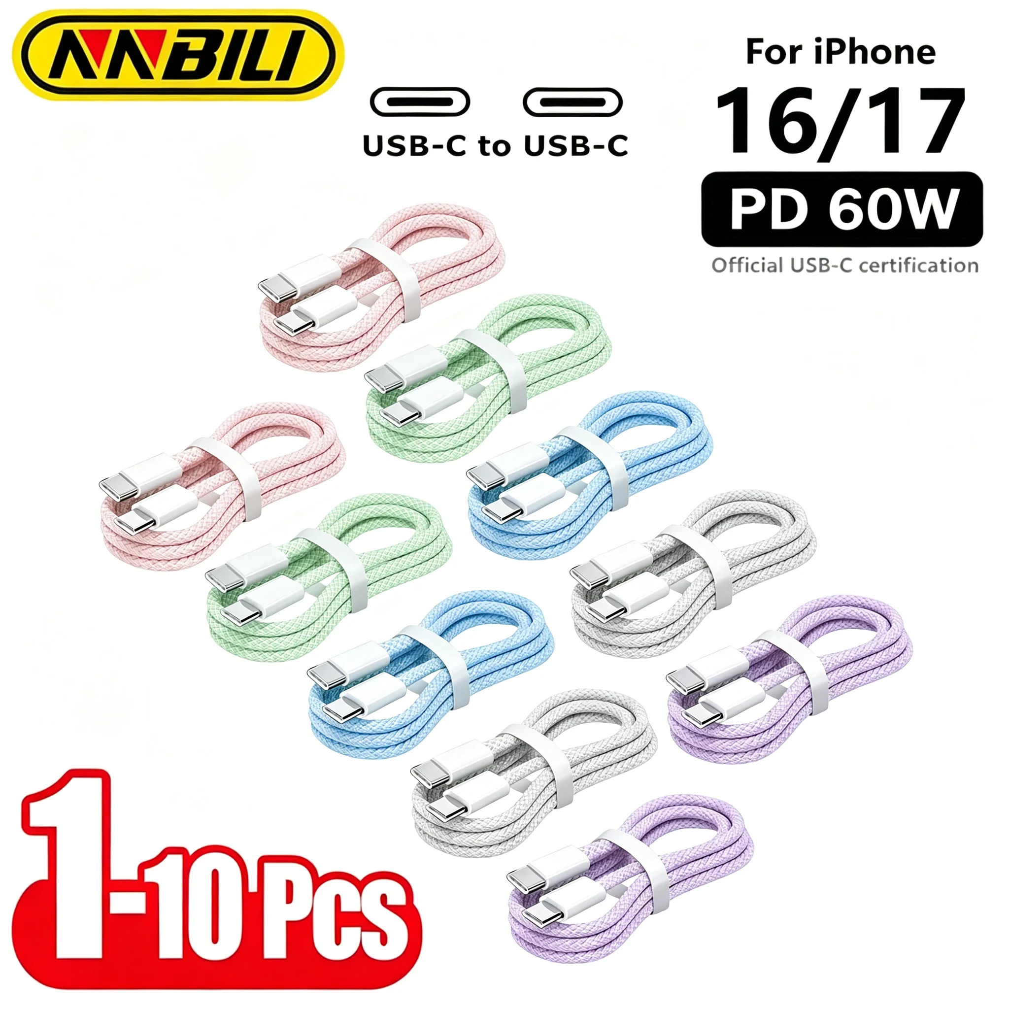NNBILI 1-10PCS 60W USB C Cable to USB Type C 60W Fast Charging Charger Cable For iPhone 17 Xiaomi Huawei Samsung Phone USBC Data