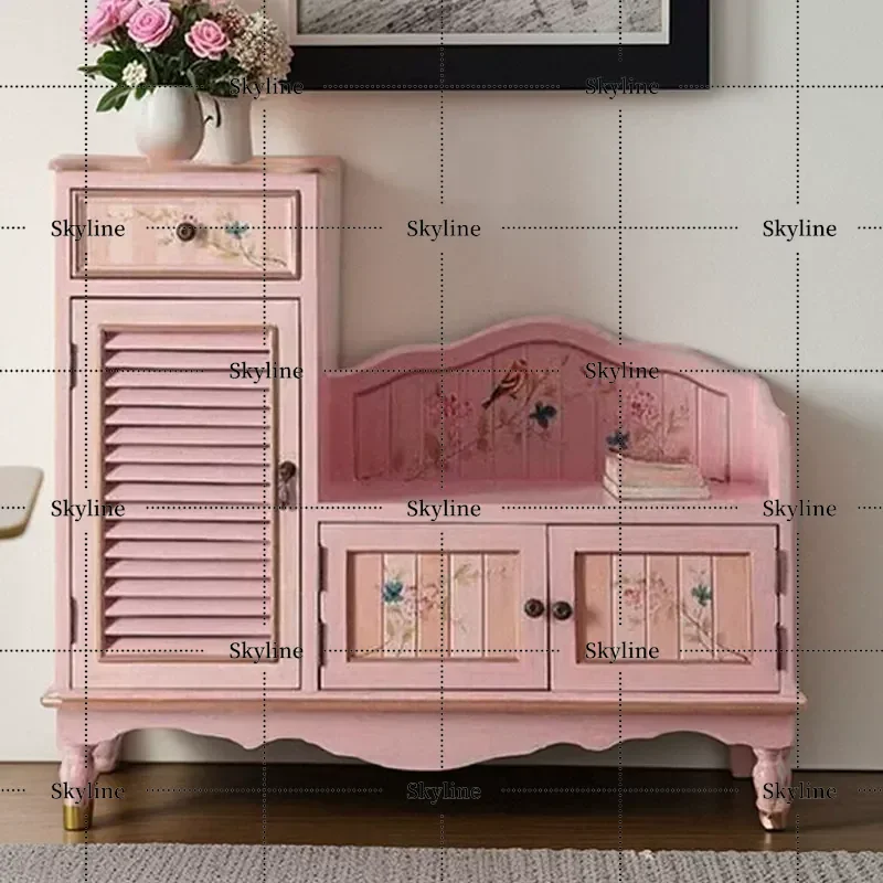 for American Rural Solid Wood Shoe Changing Stool Pink Hand Painted Entrance Cabinet Shoe Cabinet Integrated Home Storage