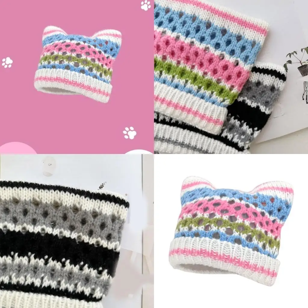 

39BD Popular Cats Ear Hat Hat 2000s Pullover Skull Hat Fashion Girl Knitting Hat Soft Breathable Hollowed Striped Caps
