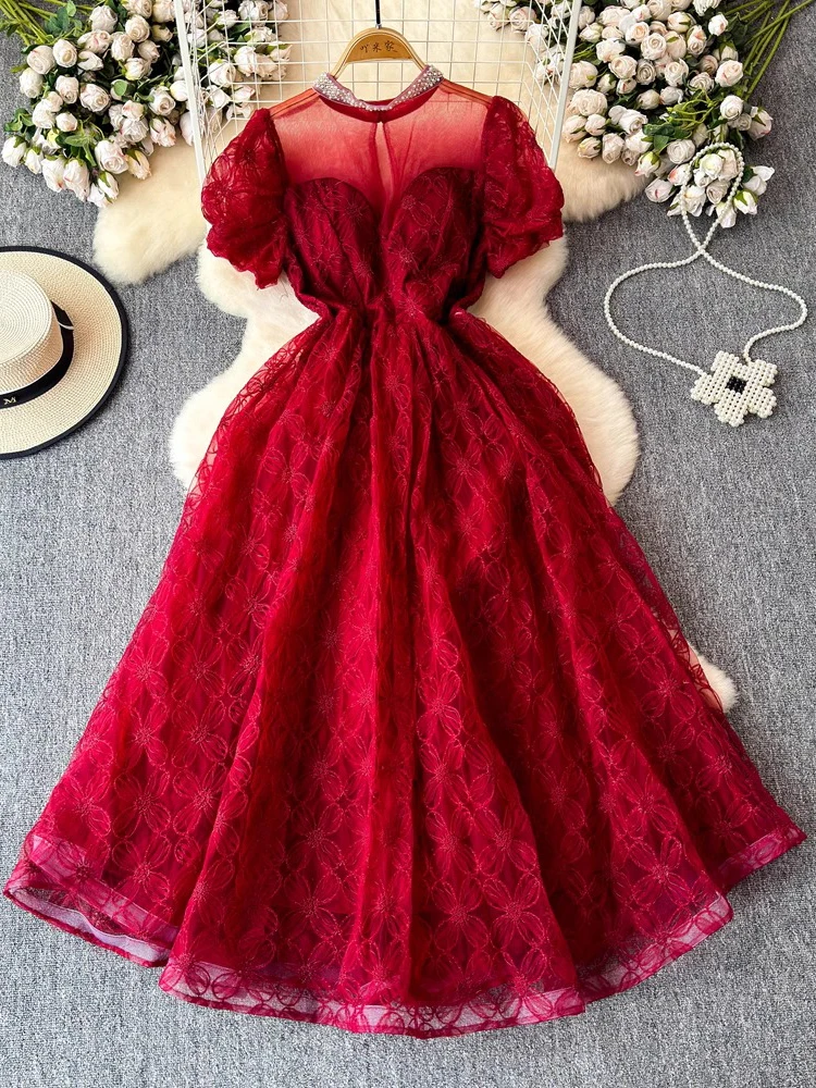 Summer Women Lace Mesh Patchwork Party Long Dress Elegant Red/Pink/Purple/Beige Short Sleeve A-Line Vestidos Female New Fashion