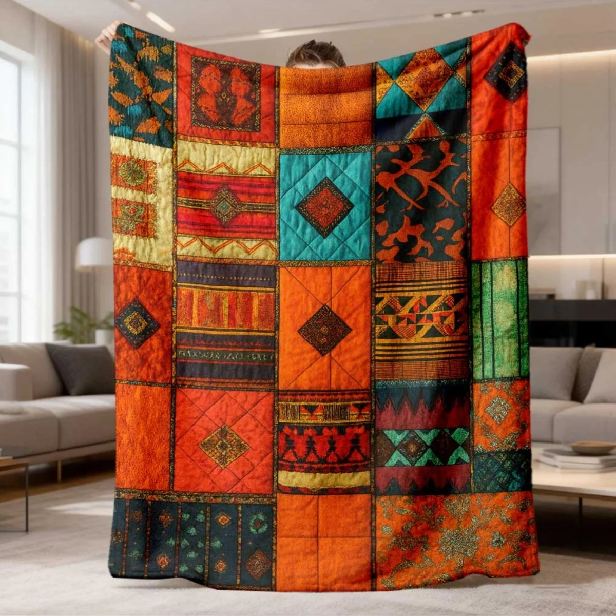 2026 New Arrival Flannel Blanket 1 Bohemian Patchwork Blanket Colorful Ethnic Style Flannel Throw, Geometric And Floral Pattern,