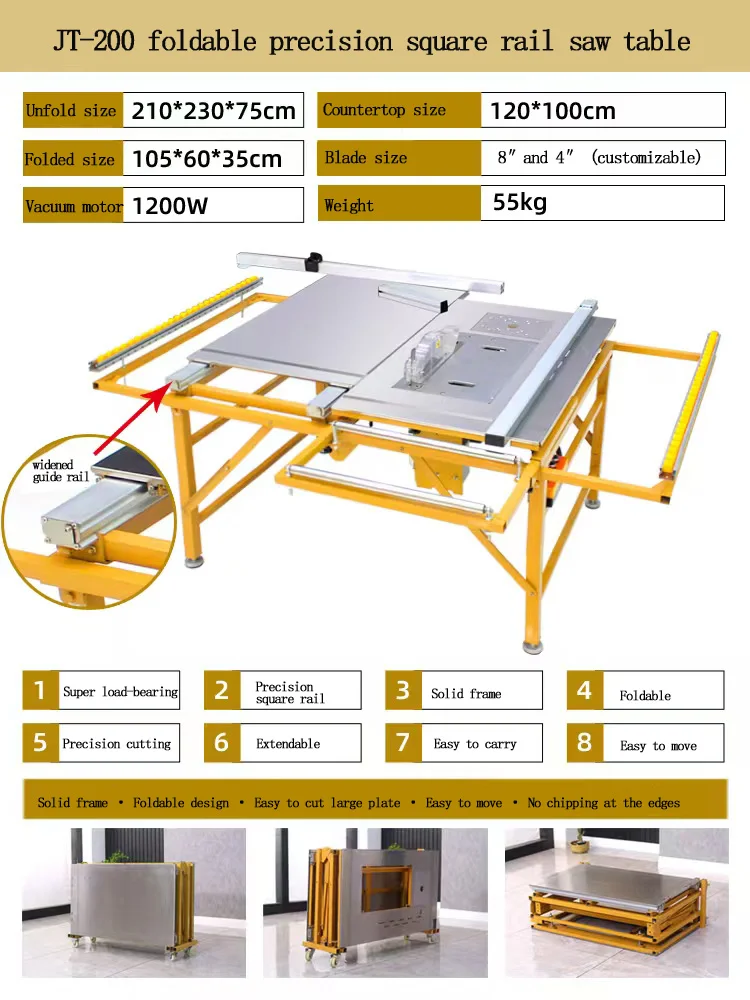 XBD JT-200 Portable Precision Push Table Saw Panel High-Accuracy Foldable Woodworking Tool New Spindle Motor Horizontal Style