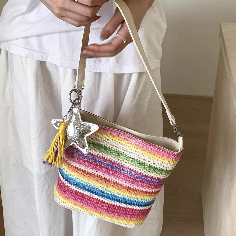 

Splicing Striped Straw Weaving Bag Women Summer New Zipper Casual Crossbody Bag Fashion Versatile Commute Color One Shoulder Bag