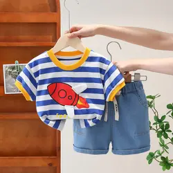 Kids Boys Girls Summer Clothes Cotton Strips Sports Suit Infant Space T Shirt Shorts Children Clothing Tracksuits Set 0-5 Years