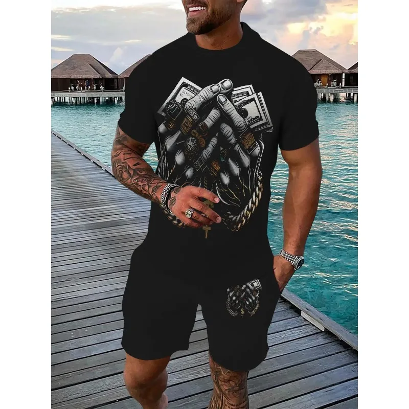 2025 Summer New Men's USD and Ring Trendy 3D Printed Men's Fashion Short Sleeve Street Hip Hop Sports and Leisure Combination