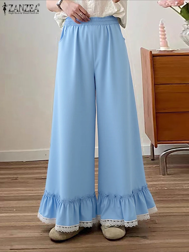 Fashion Lace Pantchwork Wide Leg Pants 2025 Women Elastic Waist Trousers Solid Casual Loose Ruffled Pleated Flare Pants ZANZEA