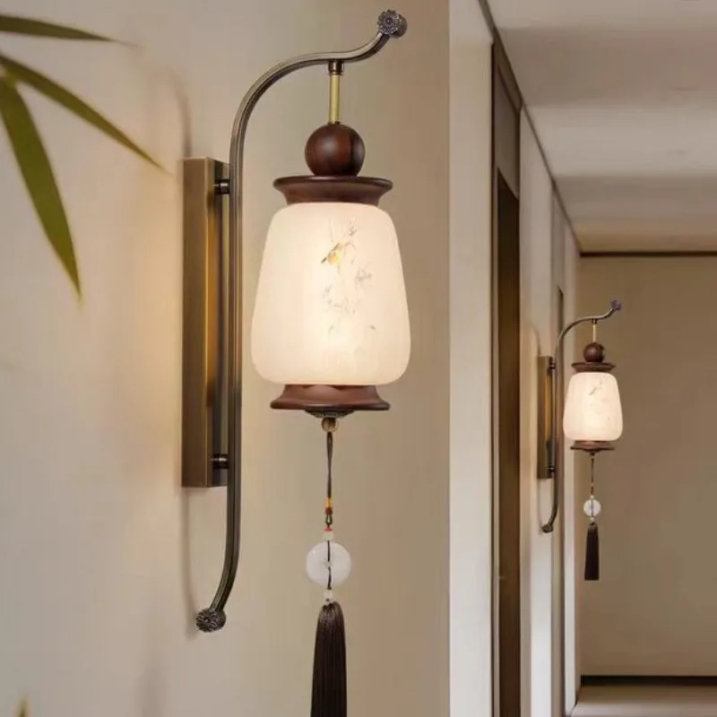 Vintage Zen Walnut Wood  Sconces Tassel Pendant Wood Grain Metal Lamps Bedroom Corridor Living Room Tea Hall Hotel Decor Lights