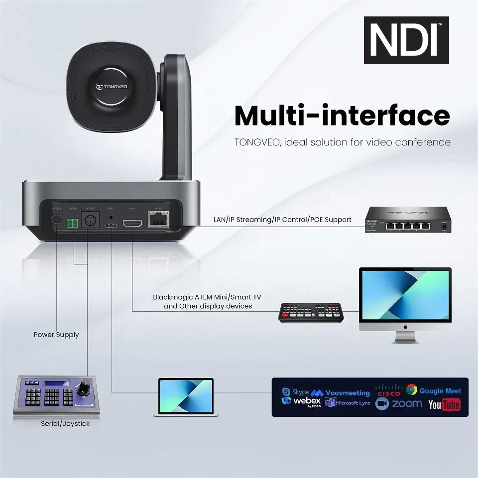 TONGVEO 10x/20x Zoom 1080P60FPS PTZ Streaming Camera POE NDI Videoconferentiecamera Met HD-MI/LAN/USB-poorten