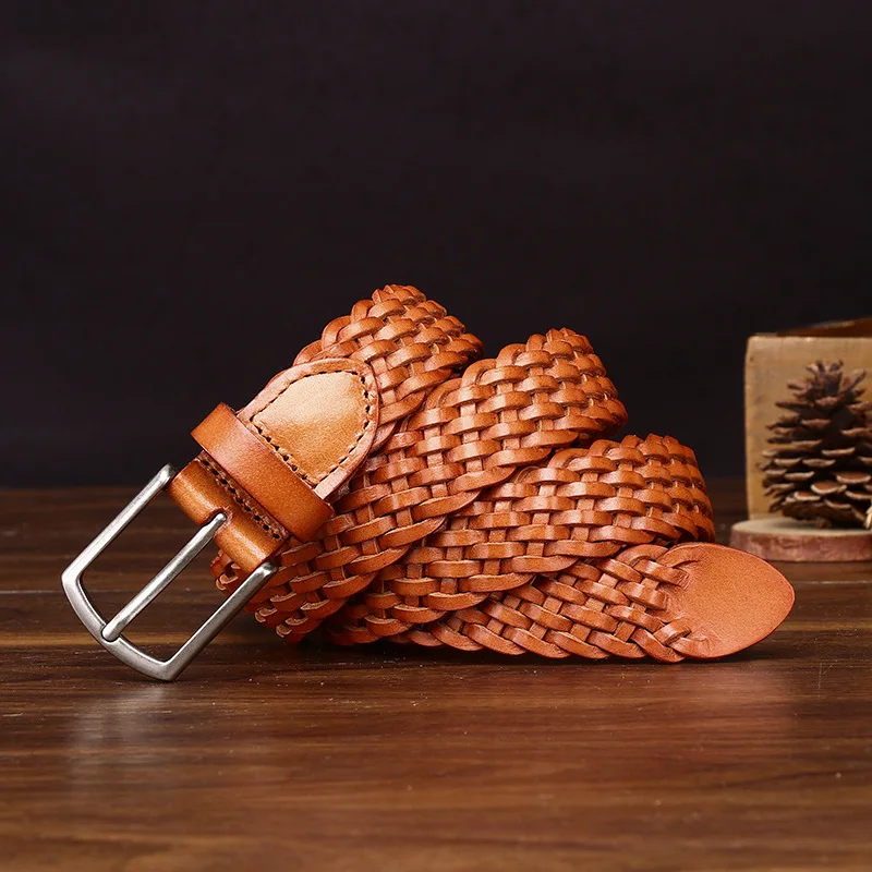 

Men's fashion 3.2cm wide hand-woven genuine leather belt pure cowhide woven versatile casual belt