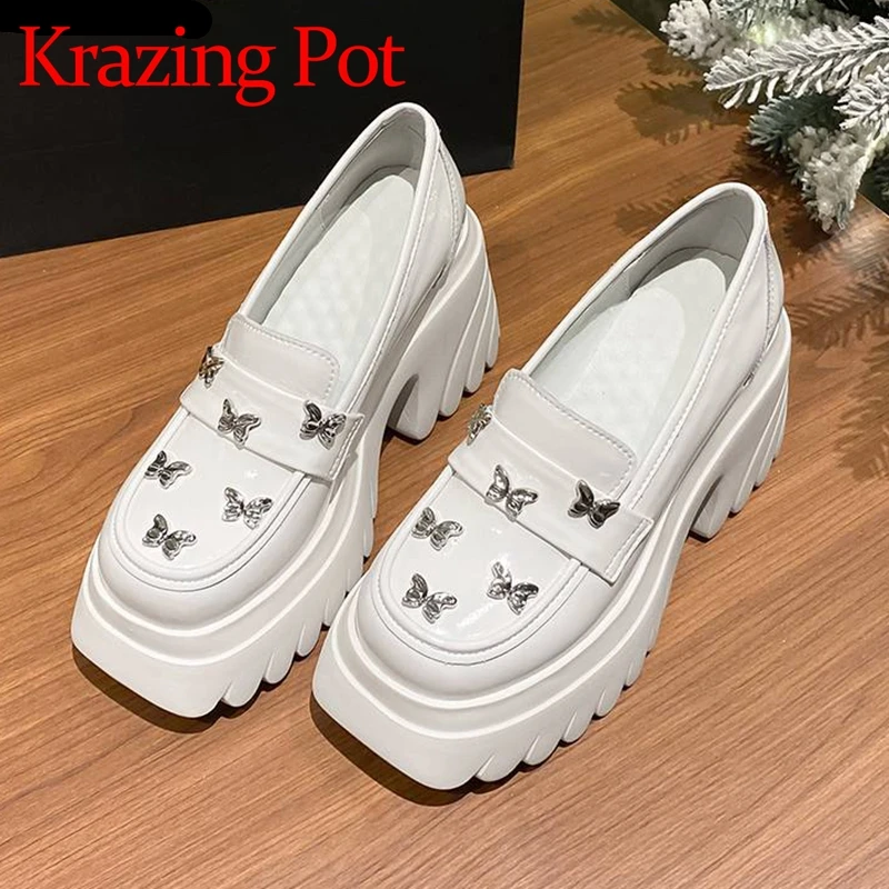 Krazing Pot prawdziwej skóry okrągły nosek Super gruby wysoki obcas nowoczesne buty motyl styl Preppy koreańska dziewczyna poślizgu na panieńskie