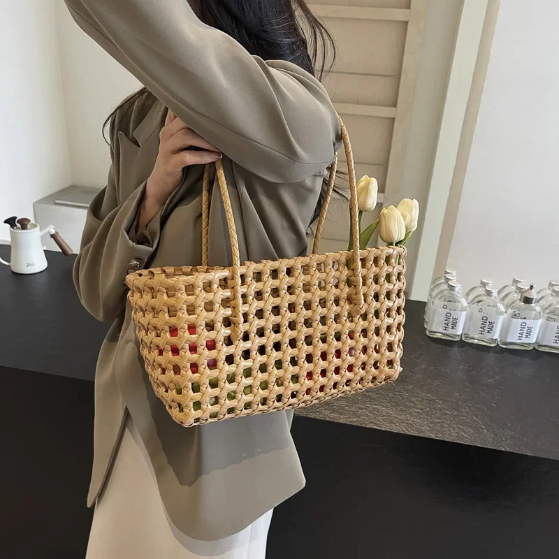 LEFTSIDE Small Solid Color Weave Tote Bags for Women 2024 Fashion Summer Shoulder Bags Simple Handbags Hollow Out Beach Bag