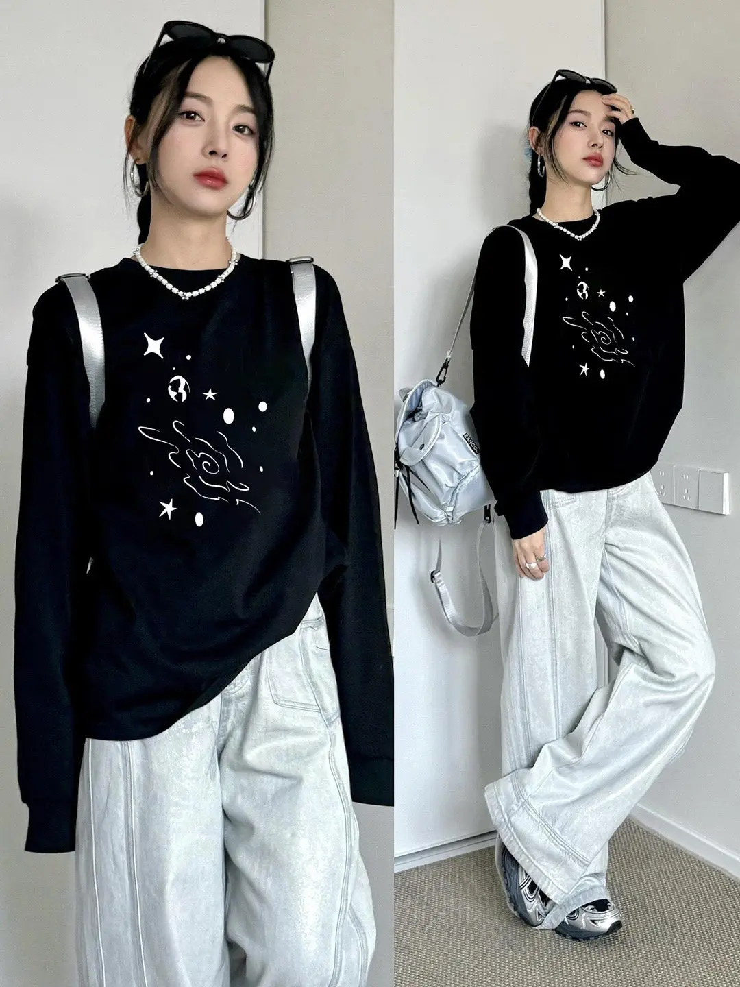 Plus Size Women's Black Cotton Fitted Shoulder Long Sleeve T-Shirt, American Lazy Chic Early Autumn Top, Wear Alone or as Inner