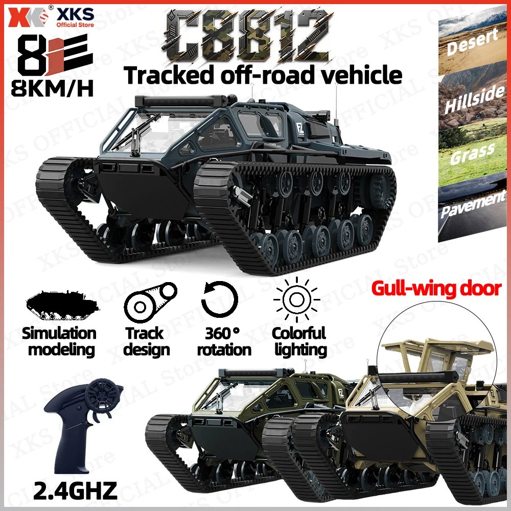 

XKS JJRC C8812 Scale Tracked Tank RC Car - LED Light-Up 4WD Off-Road Full Proportional Remote Control, High-Speed Drift, Best C